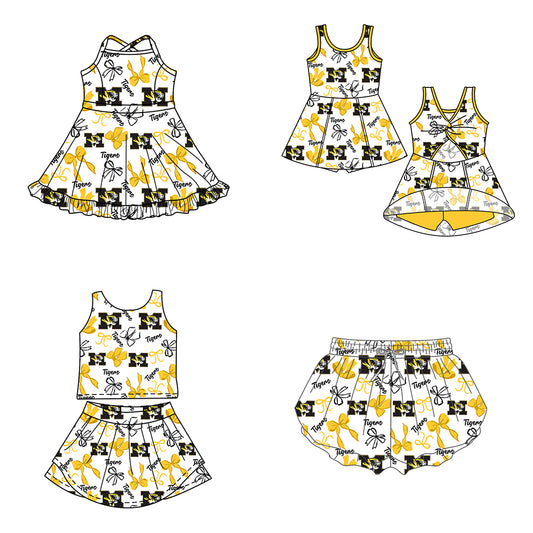 Custom moq 5 mix size milk silk summer teams Yellow Black Bow Baby Girls Vest Top Skirt Shorts Sets Sleeveless Yoga Knee Length Dresses Yoga Shorts
