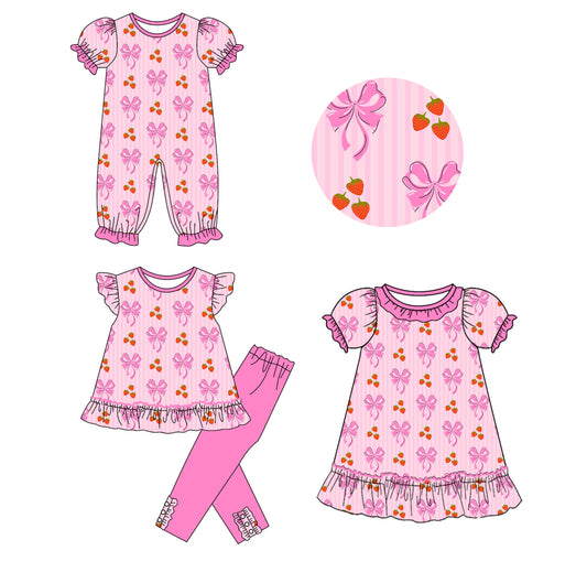 25.10.27 custom each style moq 5 eta 6-8week Sibling Sisters strawberry bow baby girl short sleeve pants sets and dress and rompers match family design