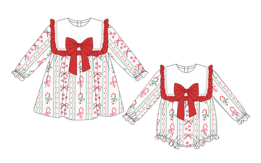 25.10.2 custom each style moq 8 eta 6-8week Sibling Sisters Christmas bow floral baby girl long sleeve dress and rompers match family design