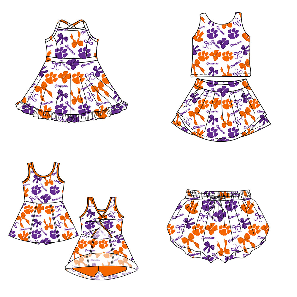 Custom moq 5 mix size milk silk summer teams Baby Girls Purple Orange Bow Vest Top Skirt Shorts Sets Sleeveless Yoga Knee Length Dresses Yoga Shorts