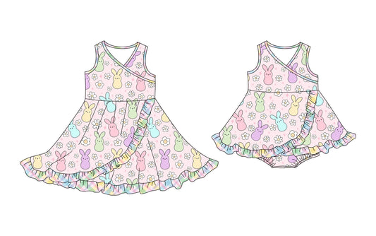 25.10.11 custom each style moq 5 eta 6-8week Sibling Sisters bunny floral baby girl short sleeve dress and romper match family design