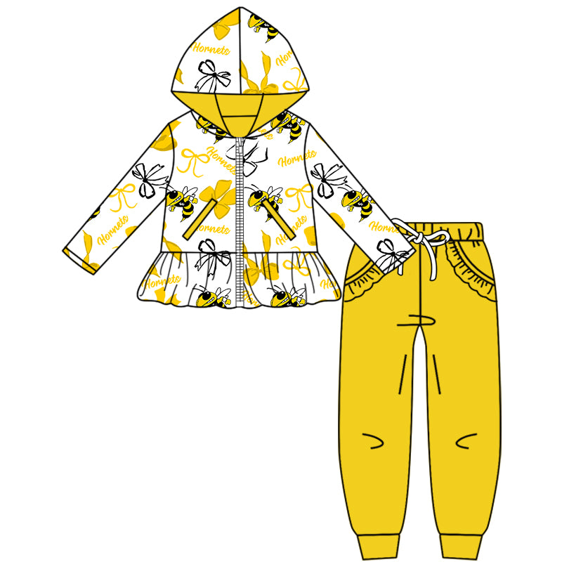 Custom moq 5 mix size milk silk summer teams baby girls clothes bow yellow hooded long sleeve pants sets and boy sets and dress and hooded top and pant-25.8.14