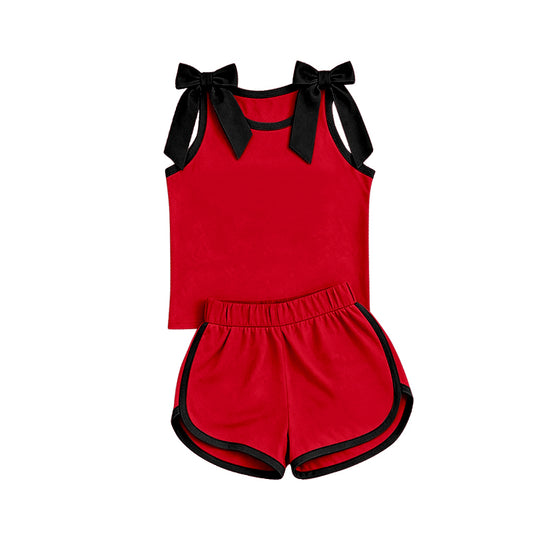 custom moq 5 mix size Baby Girls Black Bow Sleeveless Red Top Shorts Team Athletic Set
