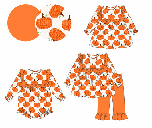25.5.12 custom each style moq 5eta 4-6week Sibling Sisters pumpkin orange baby girl long sleeve pants sets and dress and rompers match family design