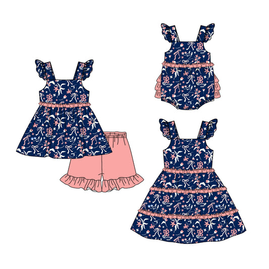 Custom moq 5 mix size Blue Bow-Print Top And Shorts Set Romper Dress for Baby Girls Clothing Outfit Infant Girl's Fashion Set