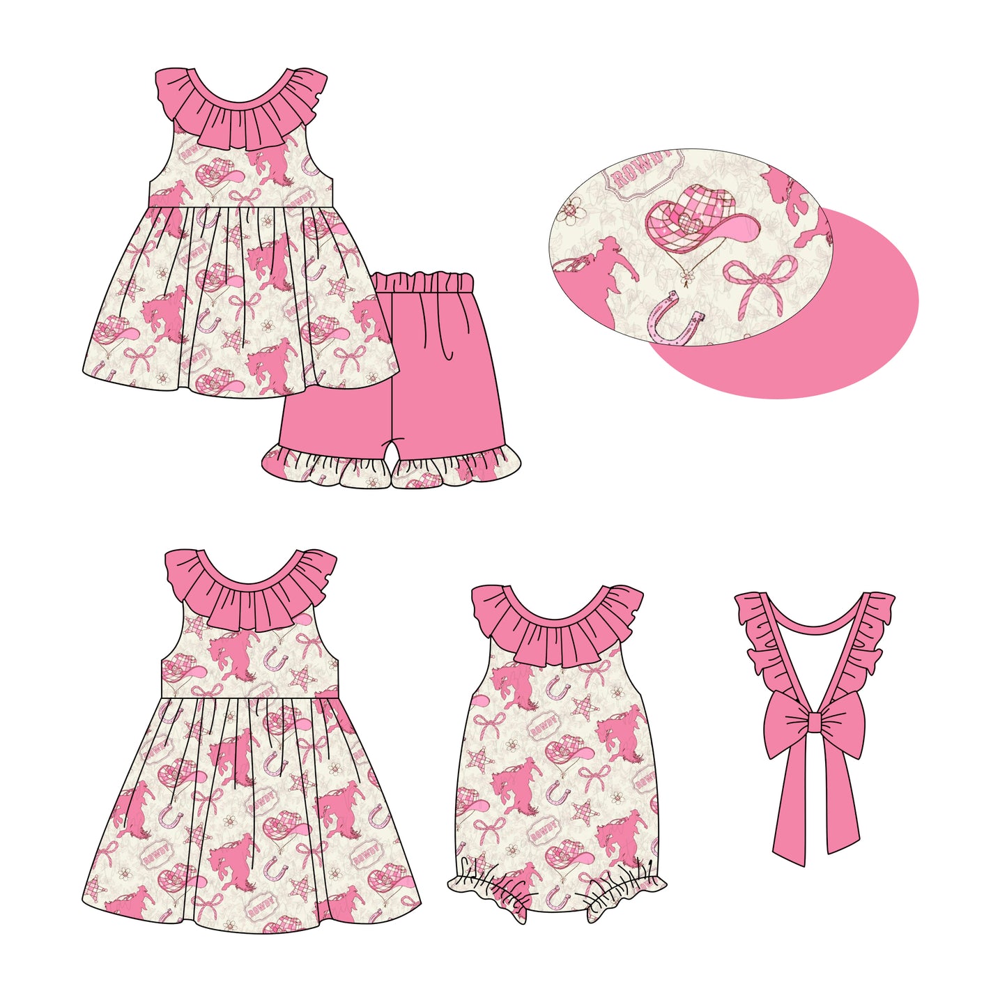 3.10 custom each style moq 5eta 4-6week Sibling Sisters bow baby girl short sleeve shorts sets and dress and rompers match family design
