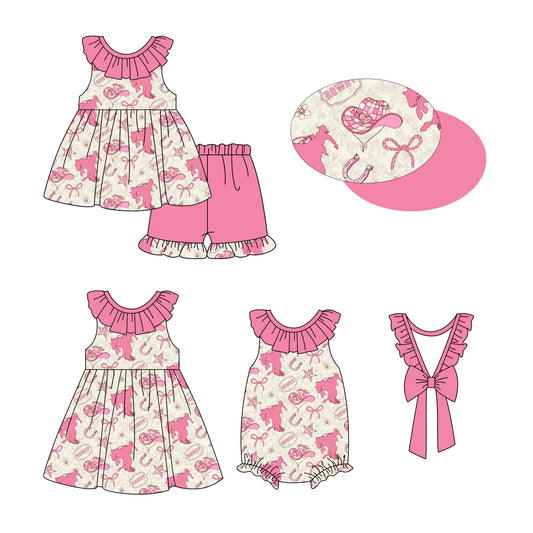 3.10 custom each style moq 5eta 4-6week Sibling Sisters bow baby girl short sleeve shorts sets and dress and rompers match family design