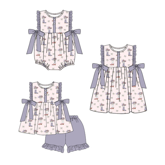 3.6 Custom moq 5 mix size Sibling Baby Girl's Purple Sleeveless Top With Bow And  Short Set Matching Romper Dress for Summer