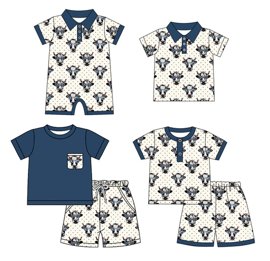 4.24 custom each style moq 5eta 4-6week Sibling Sister cow head baby boy sets 1 and sets 2 and boy rompers and top match family design