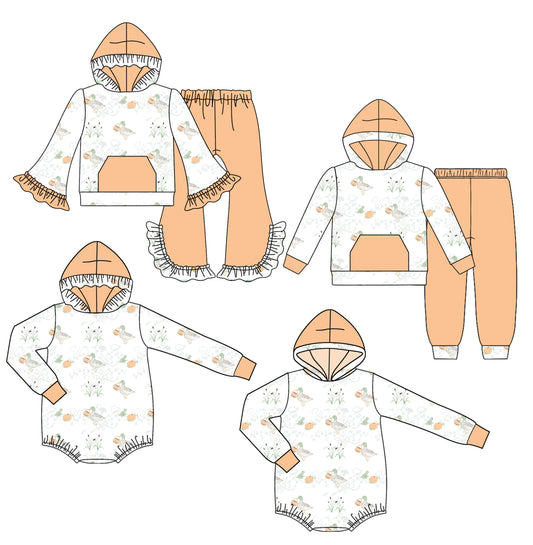 25.7.29 custom each style moq 5 eta 4-6week Sibling Sisters duck pumpkin baby girl long sleeve pants sets 1 and sets 2 and romper 1 and romper 2 match family design
