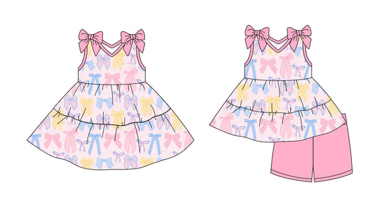 2.27 custom each style moq 5eta 4-6week Sibling Sister bow baby girl short sleeve shorts sets and dresses match design