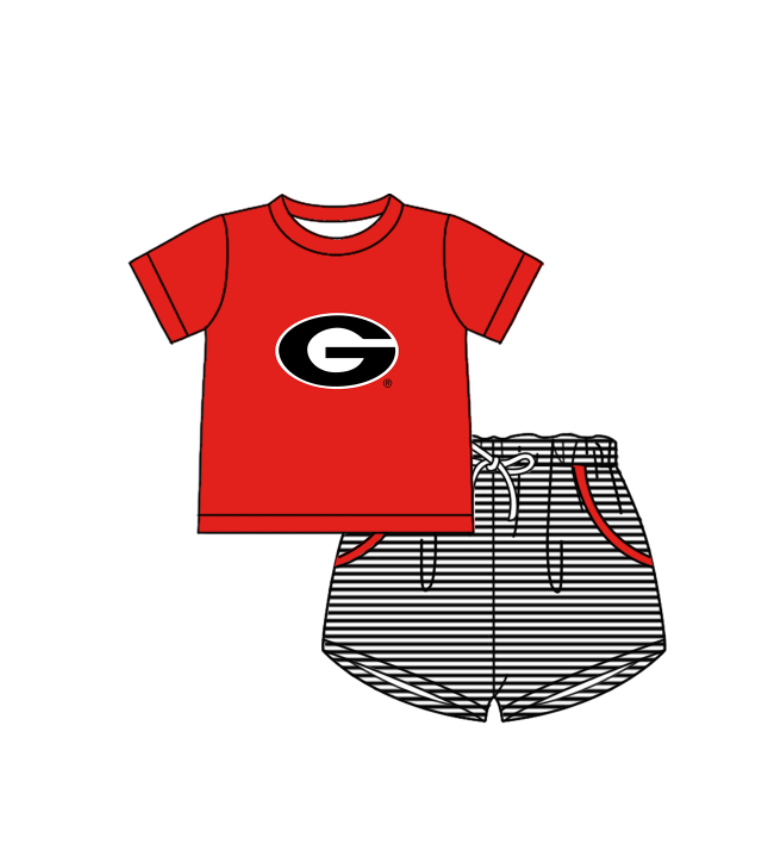 Custom moq 5 mix size milk silk summer teams Baby Boys And Girls Red Short-Sleeved Shirt And Shorts Set Matching Striped Rompers Outfit Set