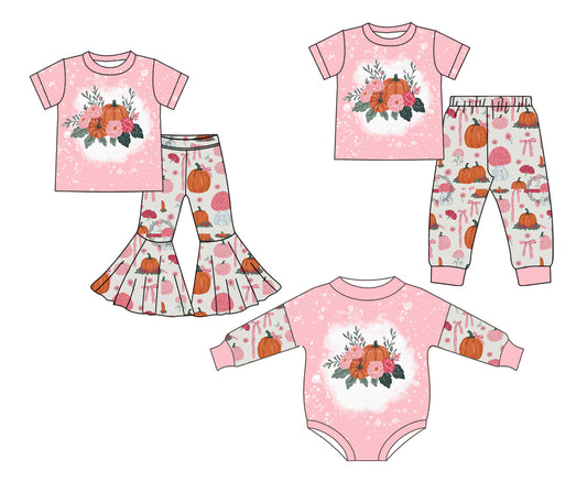 25.5.21 custom each style moq 5eta 4-6week Sibling Sister pumpkin floral baby boy short sleeve pants sets and sets 2 and rompers match family design