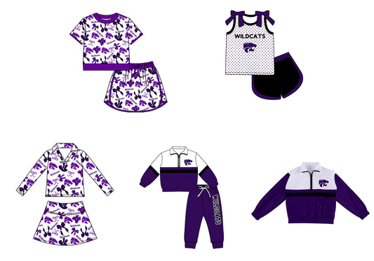 Custom moq 5 mix size summer teams Girls Polka Dot Top Shorts Set Purple Bows Top Skirt Short Set Zipper Pullover Pants Set