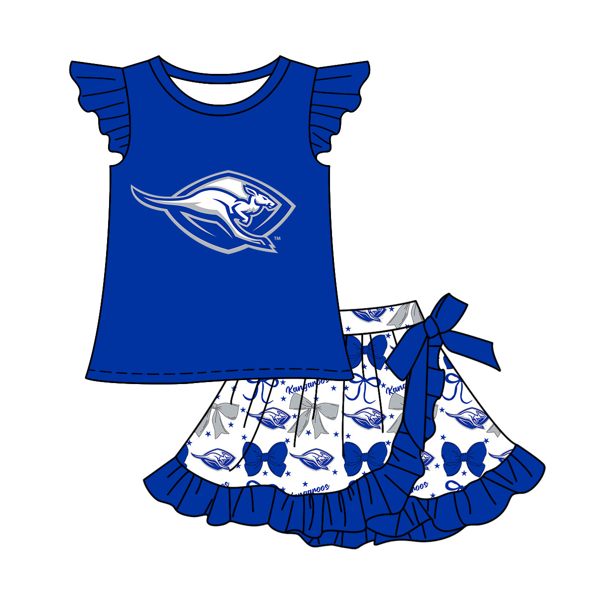 Custom moq 5 mix size milk silk baby girls clothes team bow bluesleeveless skirts sets 1 and set 2 and dress-25.7.19