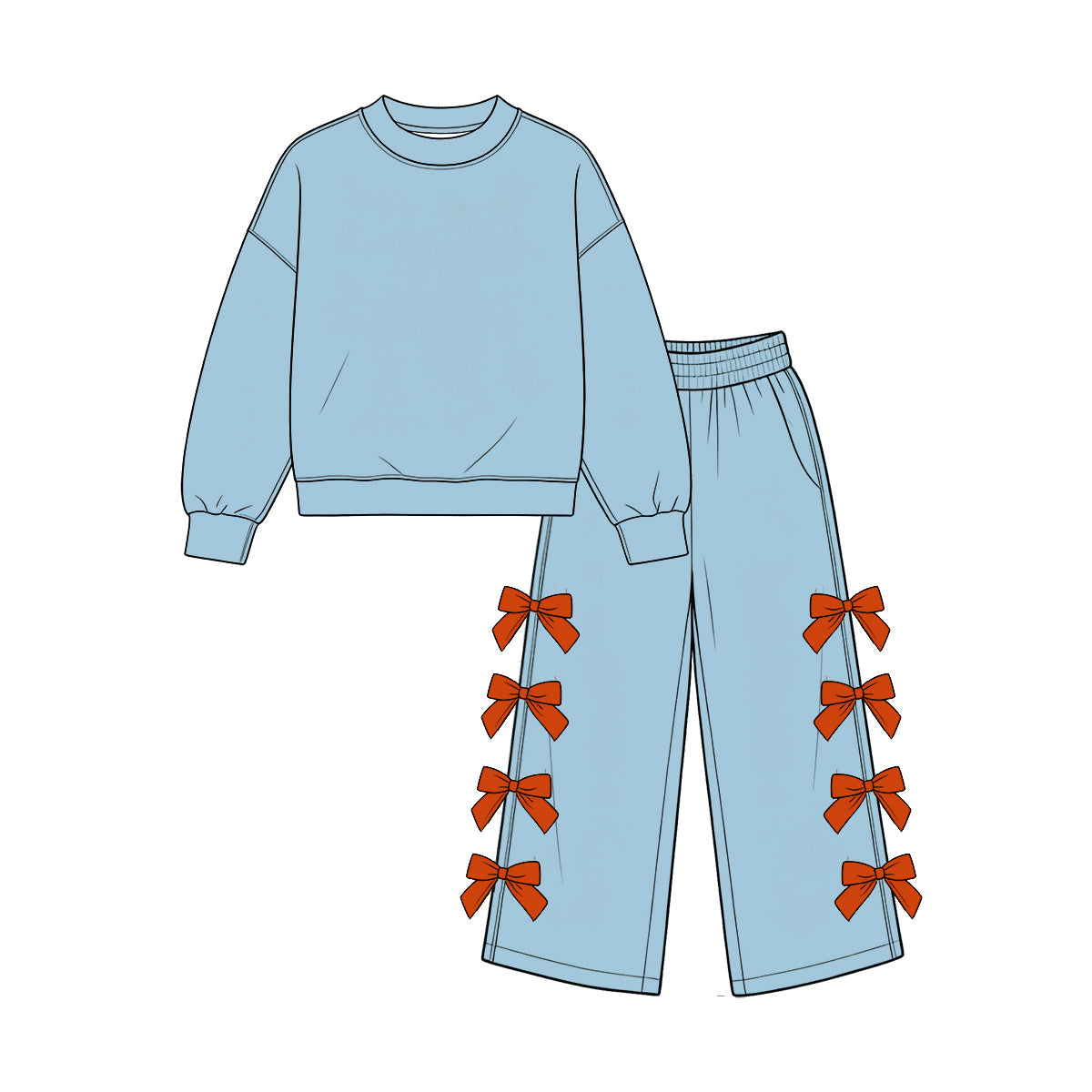 custom moq 5 mix size Baby Girls Sky Blue Long Sleeve Crew Neck Top Rust Bow Wide Leg Pants Two Piece Set