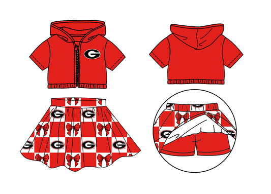 Custom moq 3 or 5 mix size milk silk summer teams baby girl clothes bow red zipper hooded short sleeve shorts skirts sets-26.1.17