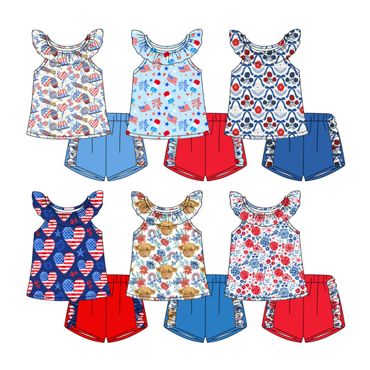 3.24 Custom moq 5 mix size Sibling Baby Girl's 4th of July Flutter Sleeve Top And Shorts Set Cute Casual Outfit