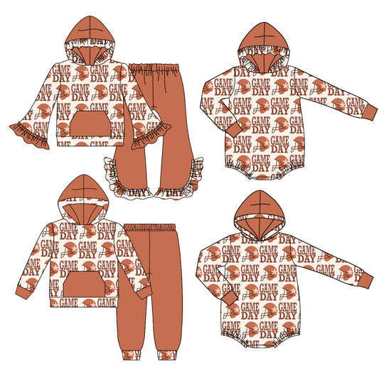 25.8.13 custom each style moq 5 eta 4-6week Sibling Sisters GAME DAY baby girl long sleeve pants sets 1 and sets 2 and romper 1 and romper 2 match family design