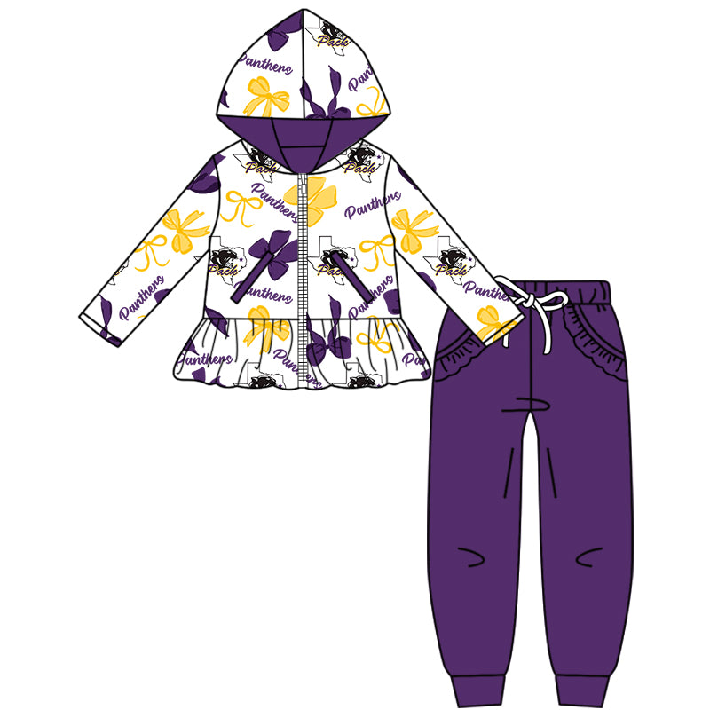 Custom moq 5 mix size milk silk summer teams baby girls clothes bow purple hooded long sleeve pants sets and dress and top and hooded top and pant-25.8.12
