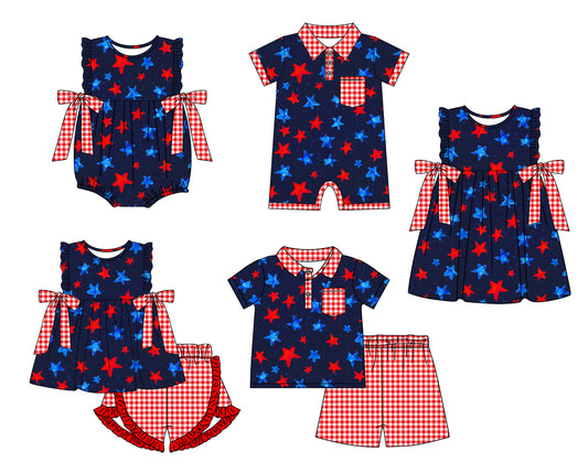 2.11 custom each style moq 5eta 4-6week Sibling Sister stars baby girl short sleeve shorts sets and sets 2 and boy romper and girl romper and dress match design