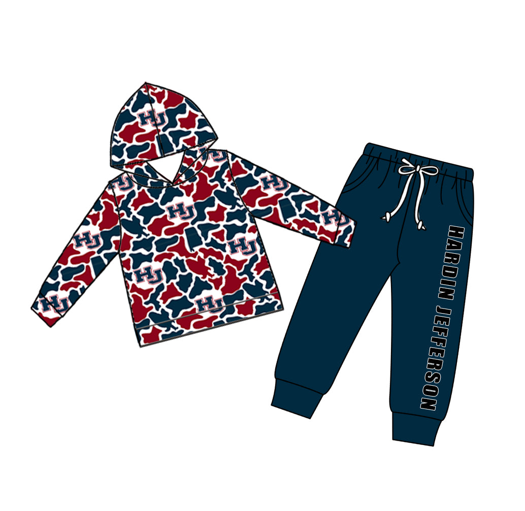 Custom moq 5 mix size teams Baby Boy Casual Camo Hooded Top Drawstring Pants Set with Pockets