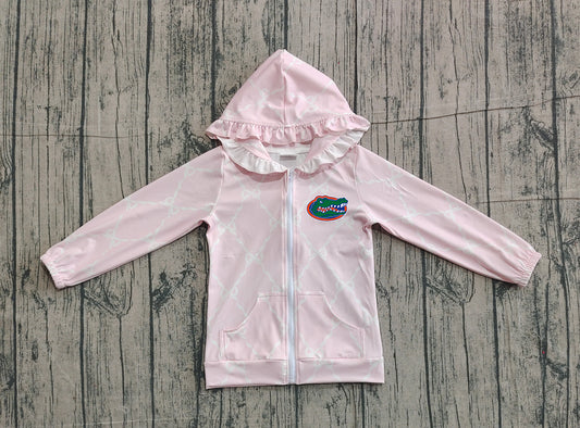 Custom moq 5 mix size milk silk baby girls clothes team summer lace bow pink zipper hooded long sleeve top-25.11.22
