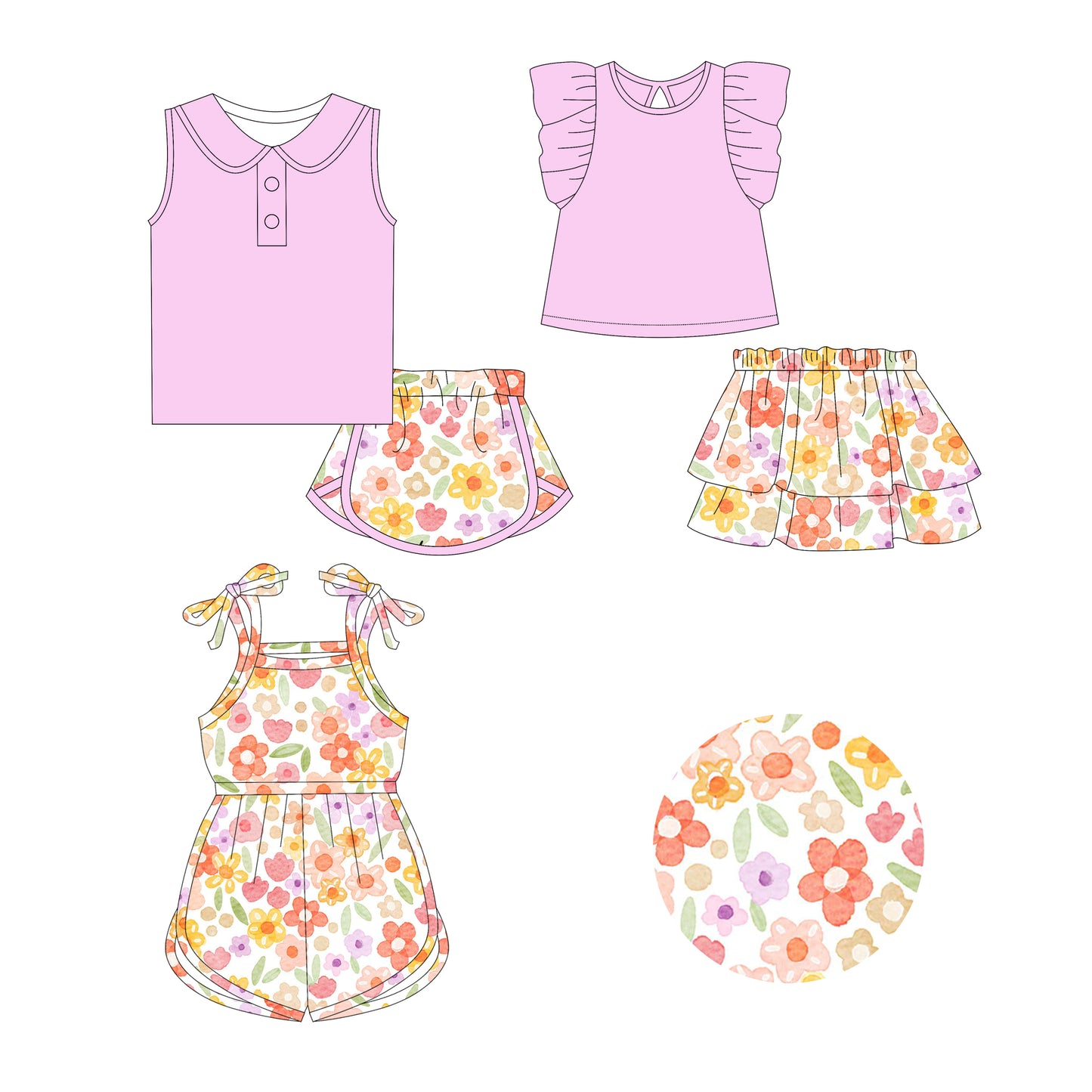 2.21 custom each style moq 5eta 4-6week Sibling Sister floral baby girl sets and dress and jumpsuit match family design