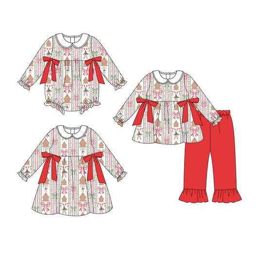 25.8.7 custom each style moq 5eta 4-6week Sibling Sisters Christmas trees bow baby girl long sleeve pants sets and dress and rompers match family design