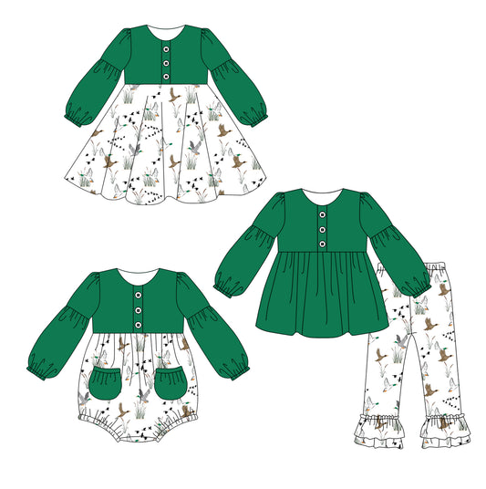 25.5.16 custom each style moq 5eta 4-6week Sibling Sisters duck green baby girl long sleeve pants sets and dress and rompers match family design