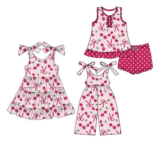 4.14 custom each style moq 5eta 4-6week Sibling Sister cherry bow baby girl short sleeve shorts sets and dresses and jumpsuit match design