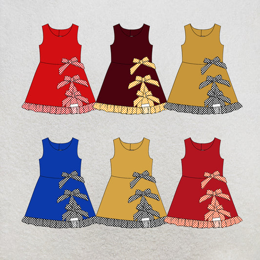 custom moq 5 mix size Baby Girls Sleeveless Checked Bow Yoga Scallop Knee Length Ruffle Dress