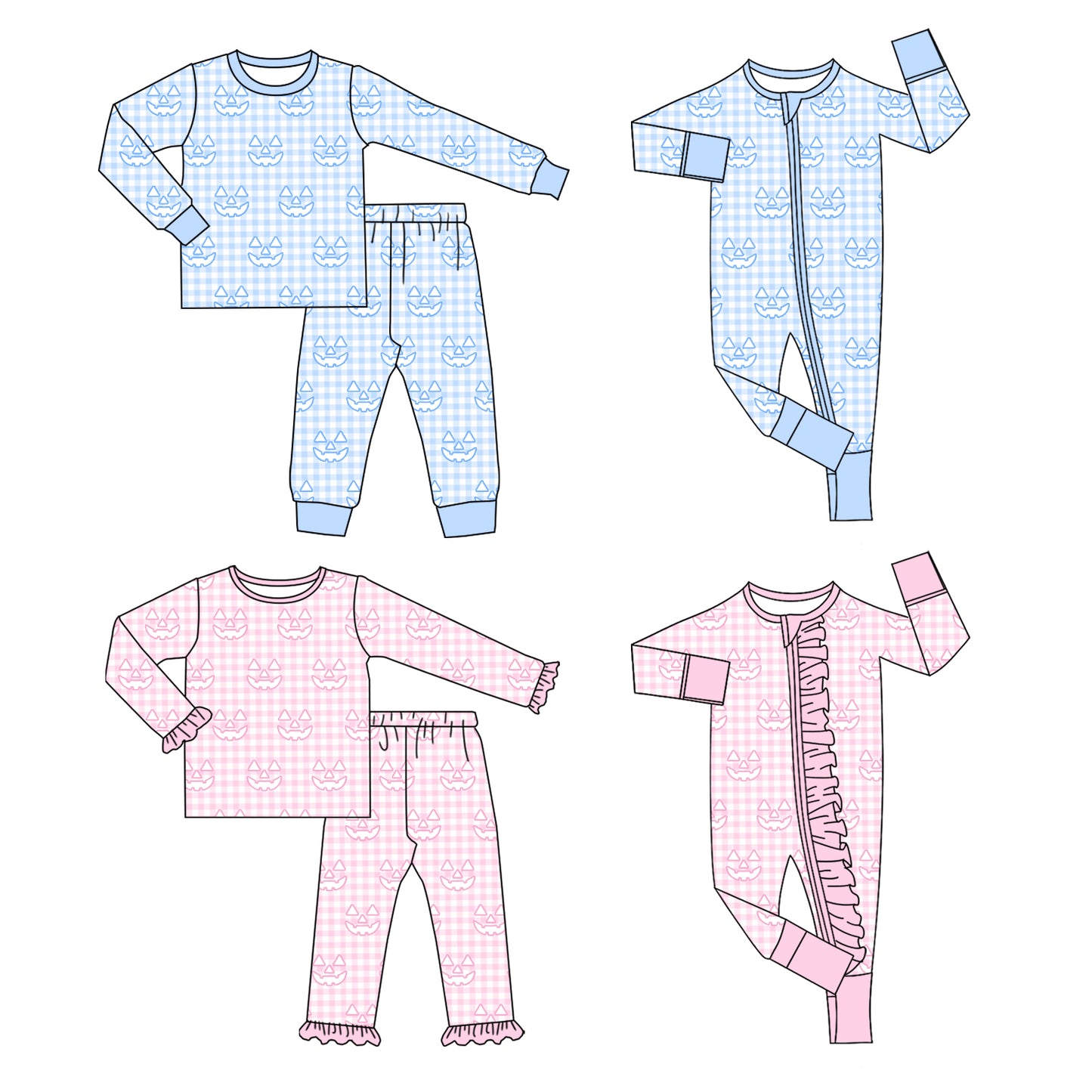 4.15 Custom moq 5 mix size Sibling Baby Boys And Girls Halloween Plaid Long-Sleeved Pajama Set Matching Zip-Up Rompers