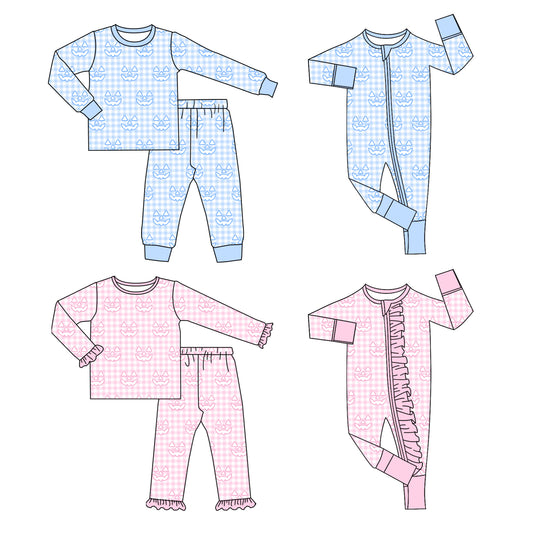4.15 Custom moq 5 mix size Sibling Baby Boys And Girls Halloween Plaid Long-Sleeved Pajama Set Matching Zip-Up Rompers