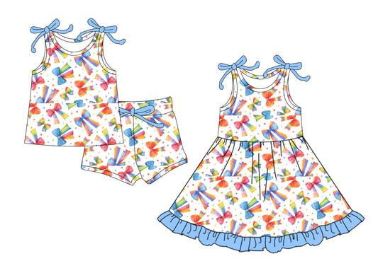 25.5.29 custom each style moq 5eta 4-6week Sibling Sister bow baby girl short sleeve shorts sets and dresses match design