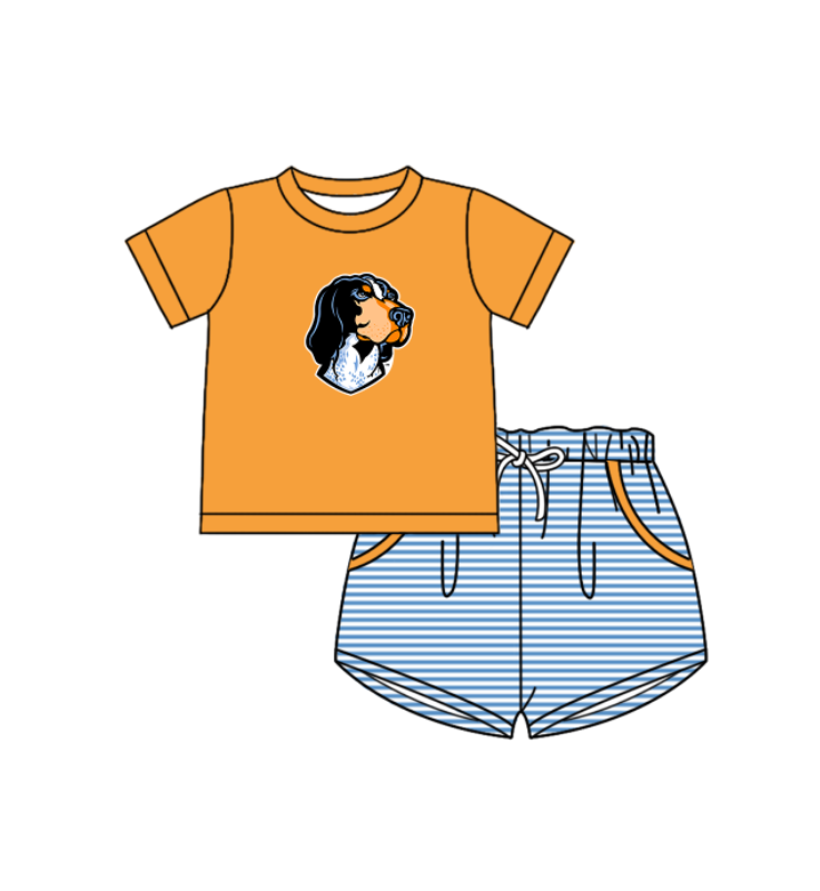 Custom moq 5 mix size milk silk summer teams Baby Boys And Girls Orange Short-Sleeved Shirt And Shorts Set Matching Striped Rompers Outfit Set