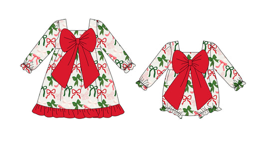 25.8.8 custom each style moq 5eta 4-6week Sibling Sisters Christmas bow baby girl long sleeve dress and rompers match family design