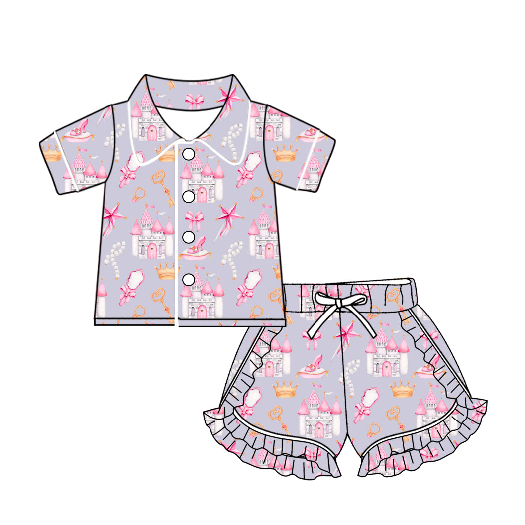 10.23 custom each style moq 5eta 4-6week baby kids clothes bow castle flower short sleeve shorts pajamas sets