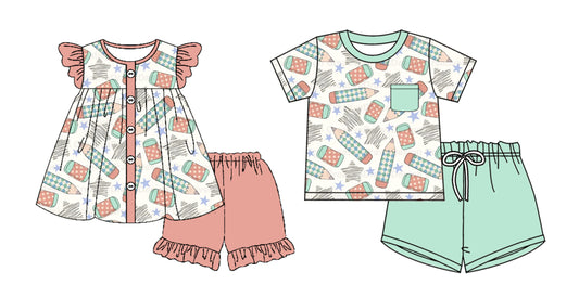 3.29 custom each style moq 5eta 4-6week Sibling Sister back to school baby girls short sleeve set and set 2 match design