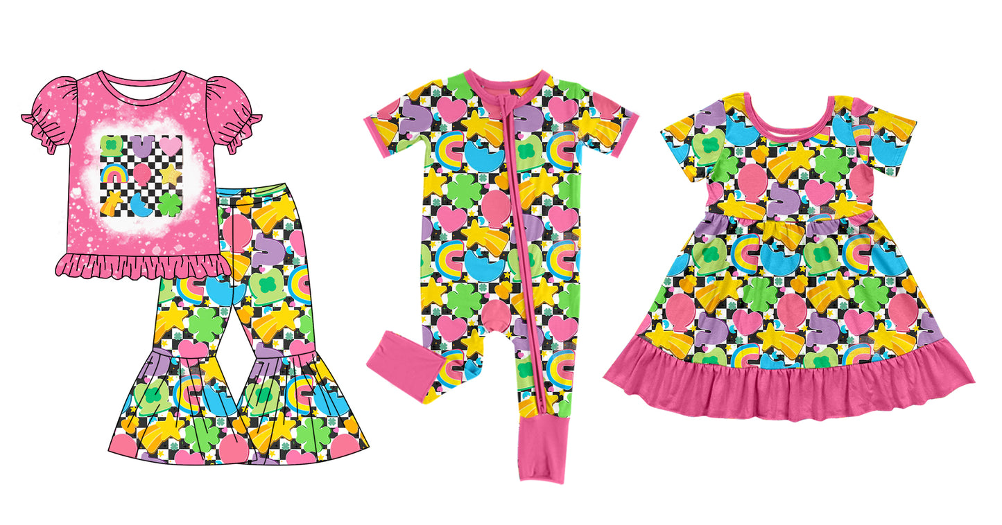 12.6 custom each style moq 5eta 4-6week Sibling Sister rainbow baby girl sets and dress and rompers match family design