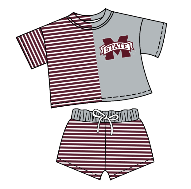 Custom moq 5 mix size milk silk summer teams Children's grey Striped Outfit Set Short-Sleeved Crew Neck Top And Drawstring Shorts for Kids