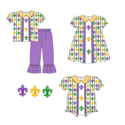 25.9.16 custom each style moq 5eta 6-8week Sibling Sisters mardi gras baby girl short sleeve pants sets and dress and rompers match family design