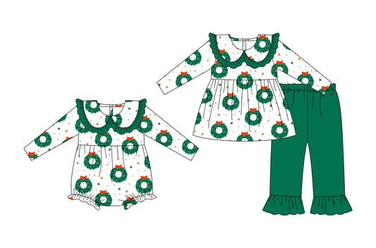 25.5.15 custom each style moq 5eta 4-6week Sibling Sisters Christmas green baby girl long sleeve pants sets and rompers match family design