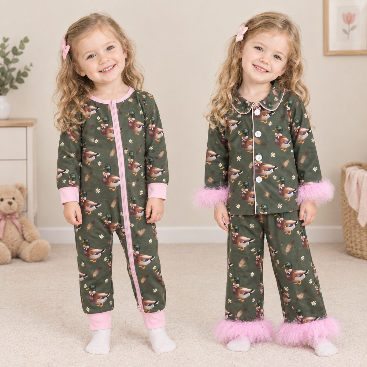 RTS NO MOQ Sibling milk silk Kids Duck Print Pink Fur Cuff Pajama Zipper Romper And Minky Blanket