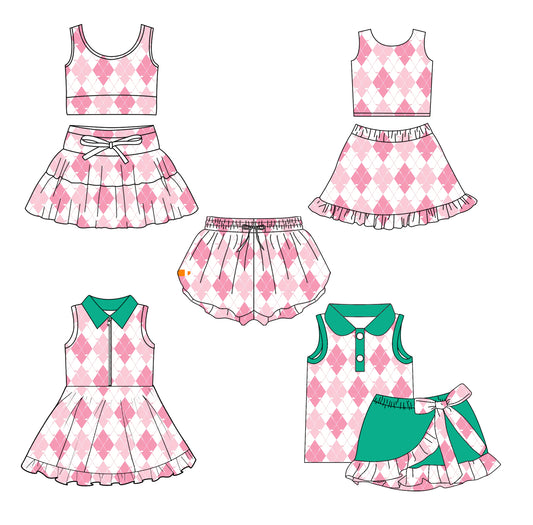 3.4 Custom moq 5 mix size Sibling Baby Girls Pink Plaid Sleeveless Top And Skirt Set dress shorts Yoga Outfit