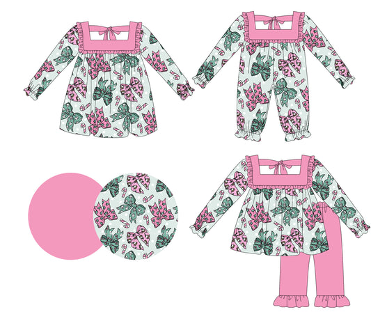 25.6.7 custom each style moq 5eta 4-6week Sibling Sisters Christmas bow baby girl long sleeve pants sets and dress and rompers match family design