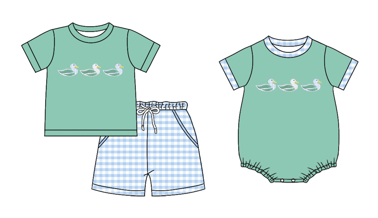 25.11.15 custom each style moq 5 eta 6-8 week Sibling Sister duck green baby boy short sleeve shorts sets and boy rompers match family design