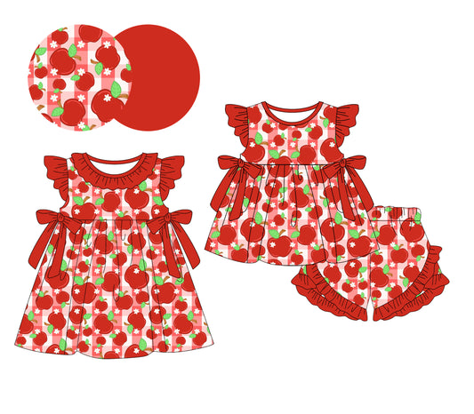 25.12.19 custom each style moq 5 eta 6-8week Sibling Sister apple baby short sleeve shorts sets and dress match design