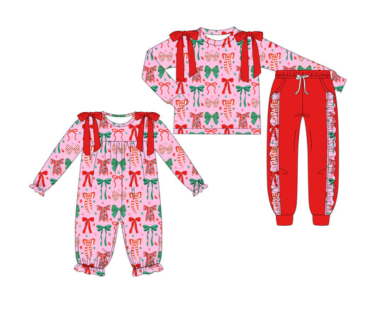 25.7.21 custom each style moq 5eta 4-6week Sibling Sister Christmas bow baby girl long sleeve pants sets and rompers match family design