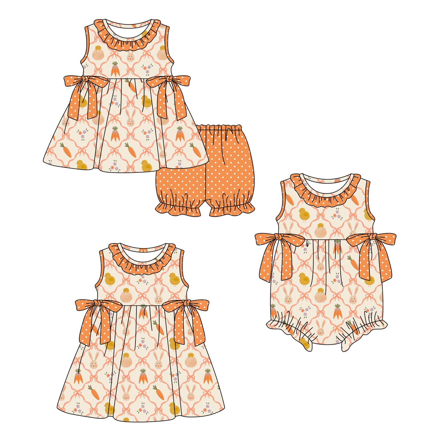 26.1.23 custom each style moq 5 eta 6-8week Sibling Sister carrot baby short sleeve shorts sets and romper and dress match design